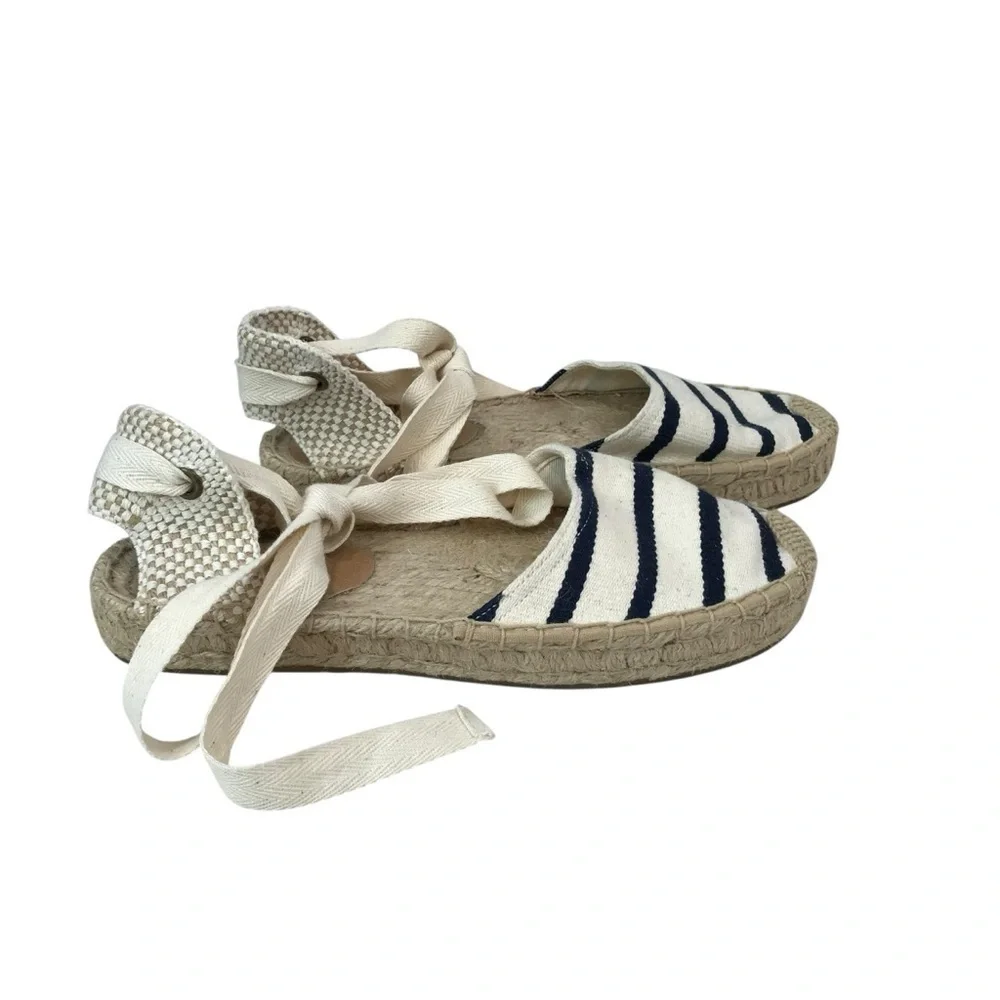 Soludos Women’s Blue Navy/White Espadrille Sandals Lace Up Ankle US Size 6.5